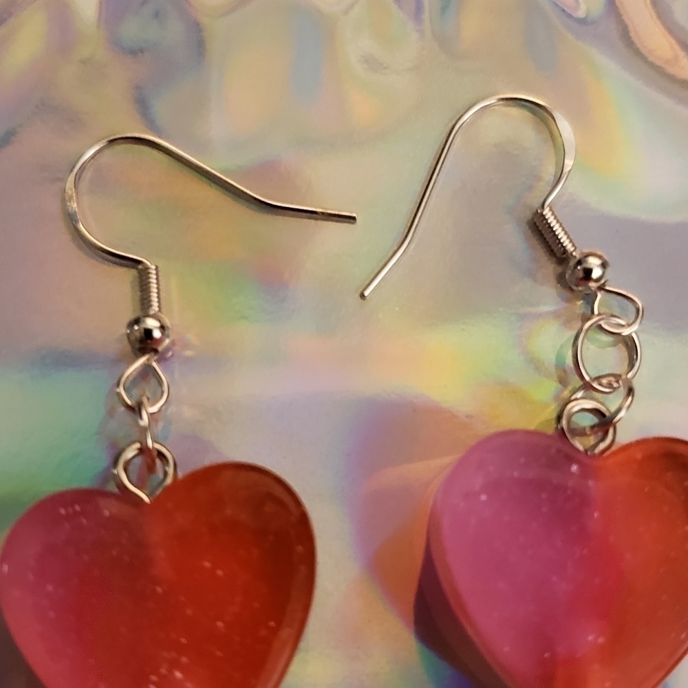 Handmade Pink Red Ombre Glitter Resin Heart Lollipop Dangle Earrings - Picture 3 of 4